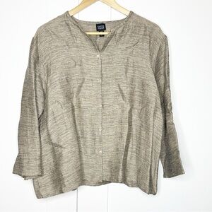 Eileen Fisher organic linen-blend button-up shirt Large Boxy Top brown gold